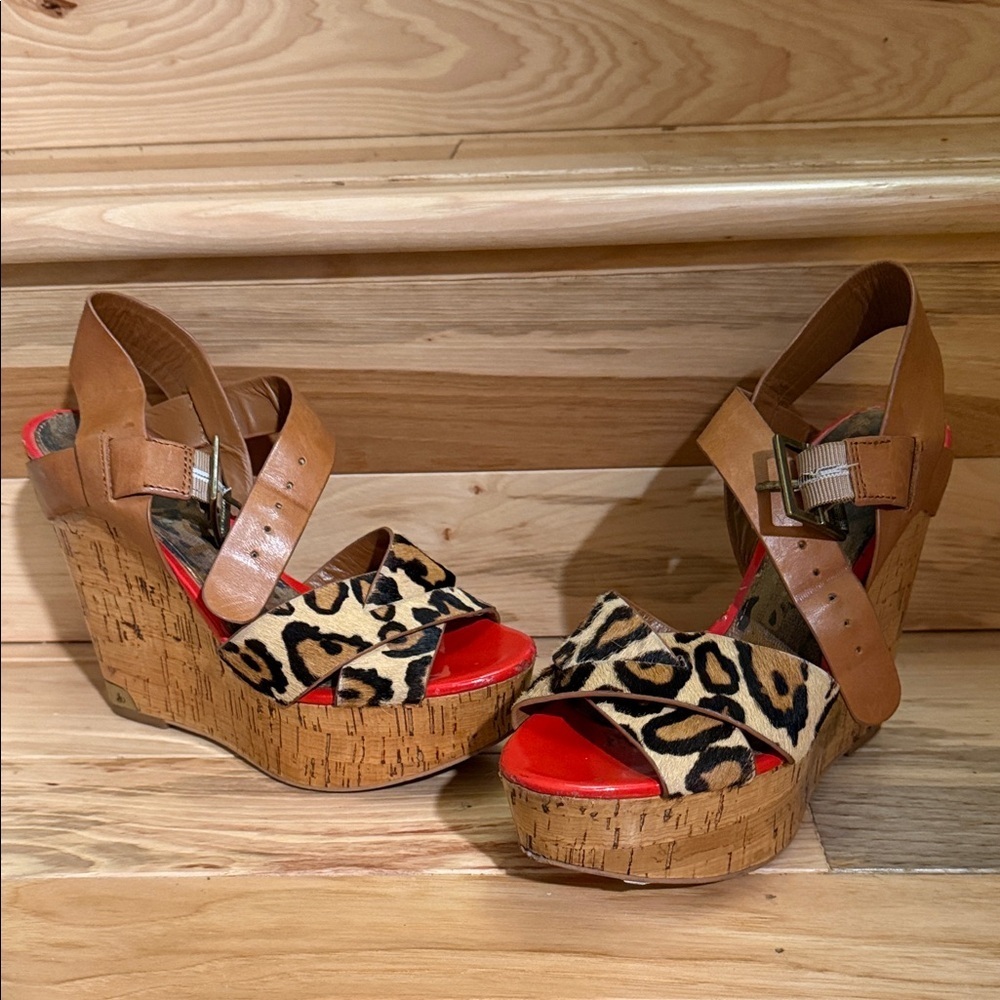 Sam Edelman Leopard Print Platform Wedges with Tan Straps and Red Footbed
